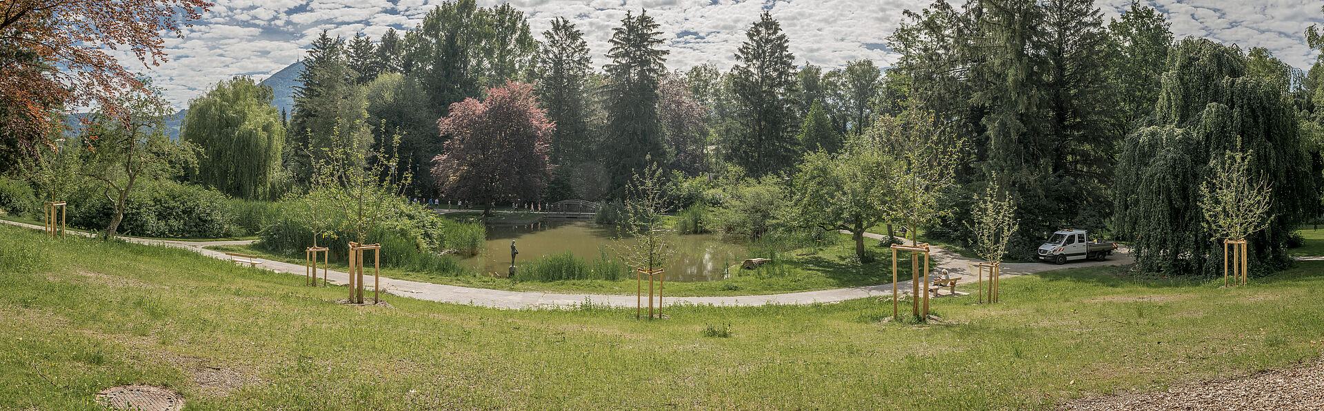 Grüner Park mit viel Freiraum, grünem Rasen und jüngst angepflanzten Bäumen